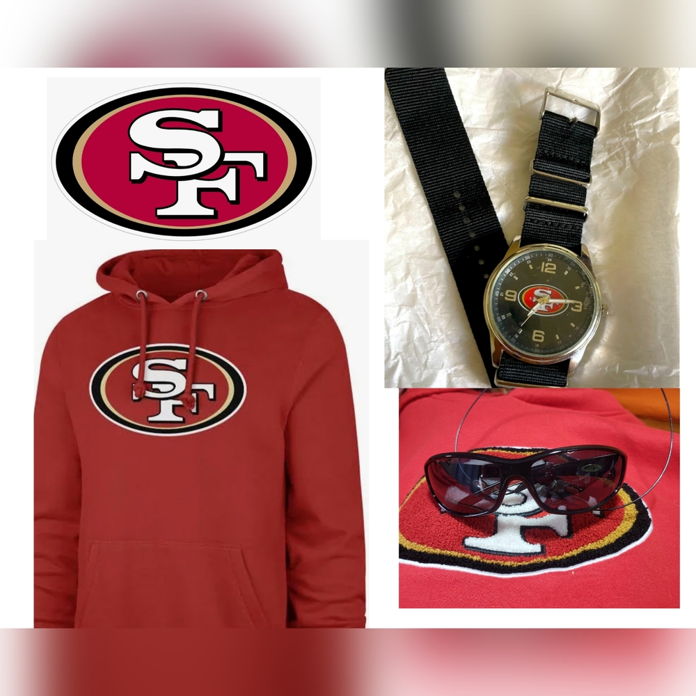 🔥EUC 49ERS LOGO SWEATSHIRT HOODIE, SUNGLASSES &NEW 49ERS WATCH BUNDLE